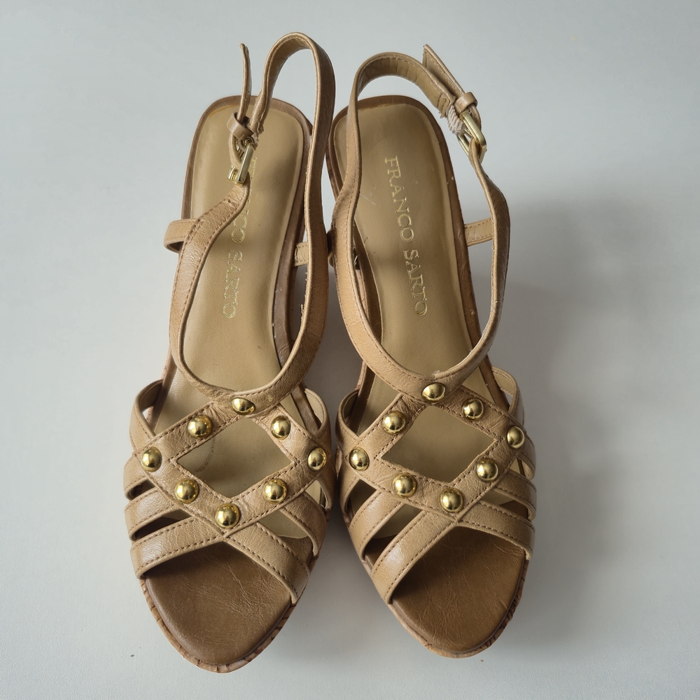 Franco Sarto Beige Sandals with Gold Studs, Size 6.5